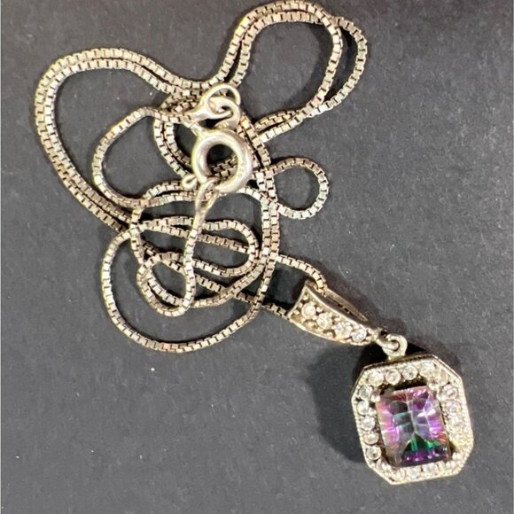 MATIS Mystic Topaz Sterling Silver Halo Pendant Necklace Italian 925 Box Chain - Picture 1 of 15